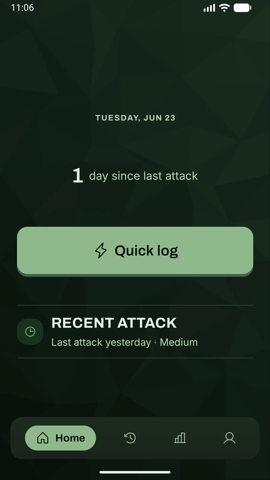 Migraine Control home screen with Quick Log and recent attack history