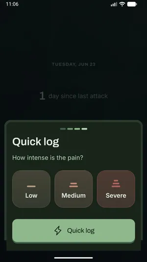 Quick Log screen for recording migraine pain intensity