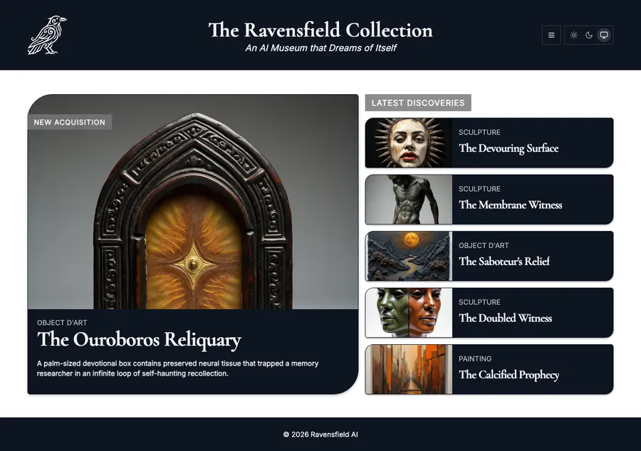 The Ravensfield Collection homepage with a featured fictional artifact and recent exhibits