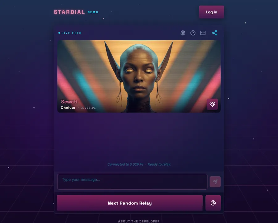 Stardial web demo showing an alien character and the conversation interface